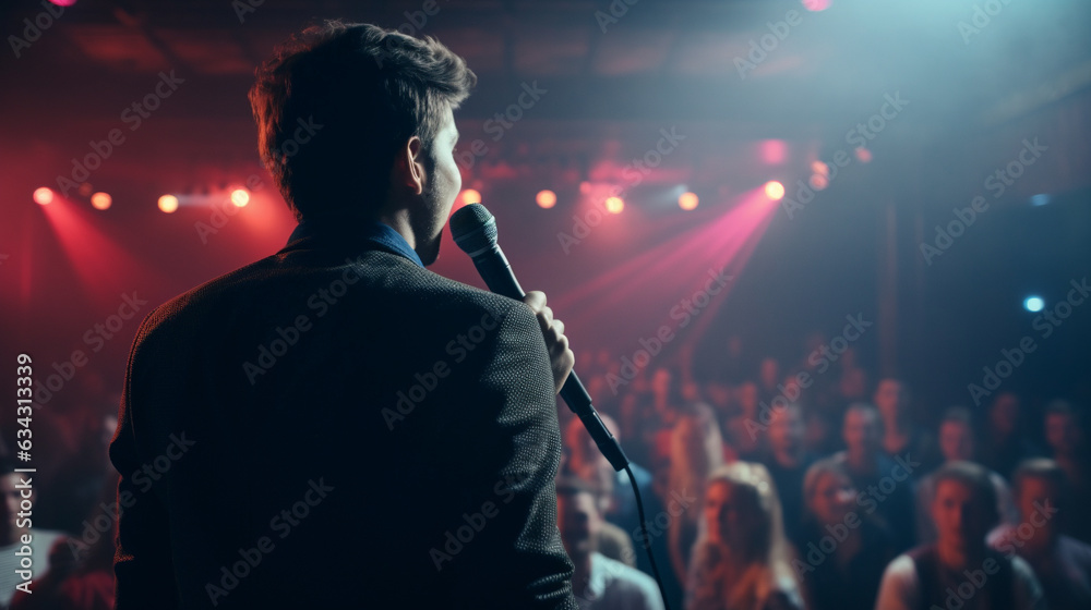 male singer performing in front of a crowd in a hall with spot lights