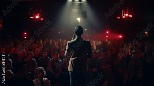 male stand-up comedian performing at a theatre in front of a crowd with spotlights © Artsy N