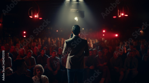 male stand-up comedian performing at a theatre in front of a crowd with spotlights