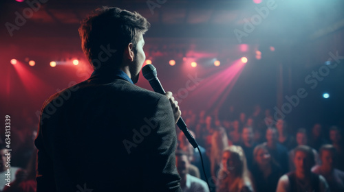 male singer performing in front of a crowd in a hall with spot lights