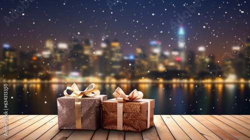 Gift boxes on a table surface against a city scape night view background with glitter lights and celebrations © Artsy N