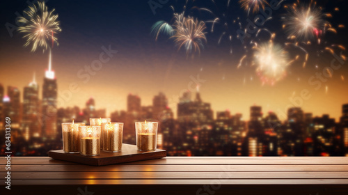 Candles on empty table surface against a city scape night view background with glitter lights and celebrations