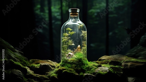 a bottle with moss inside of it sitting on a rock. generative ai