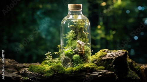  a glass bottle filled with moss and a small house inside of it. generative ai