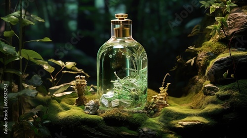  a bottle with moss inside of it sitting on a rock.  generative ai © Anna