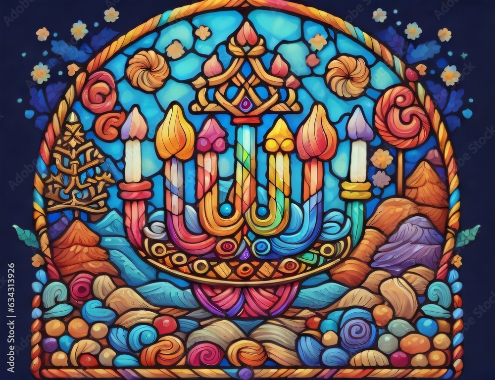 Visual portrayal of a Hanukkah menorah emblem with colored stained glass, appropriate for traditional Chanukah symbol menorah candles lights colorful pattern. Created with generative AI tools