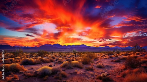  a sunset in the desert with mountains in the distance and clouds in the sky. generative ai
