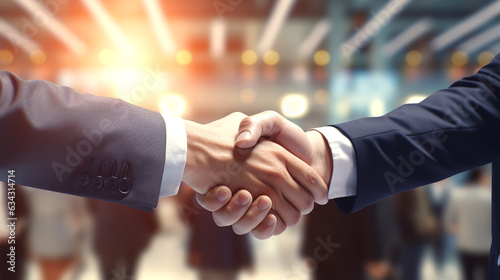 two businessmen haking hands on a deal with blurred office background