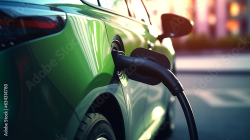 close shot of an electric car charging at a station or booth
