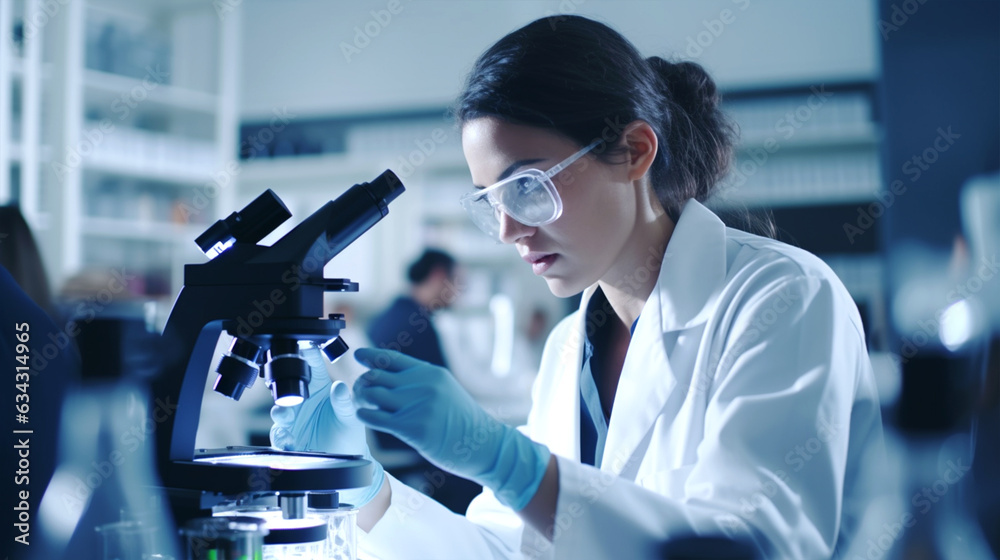 cute female scientist analyzing a sample in the lab under a microscope cute female scientist analyzing a sample in the lab under a microscope