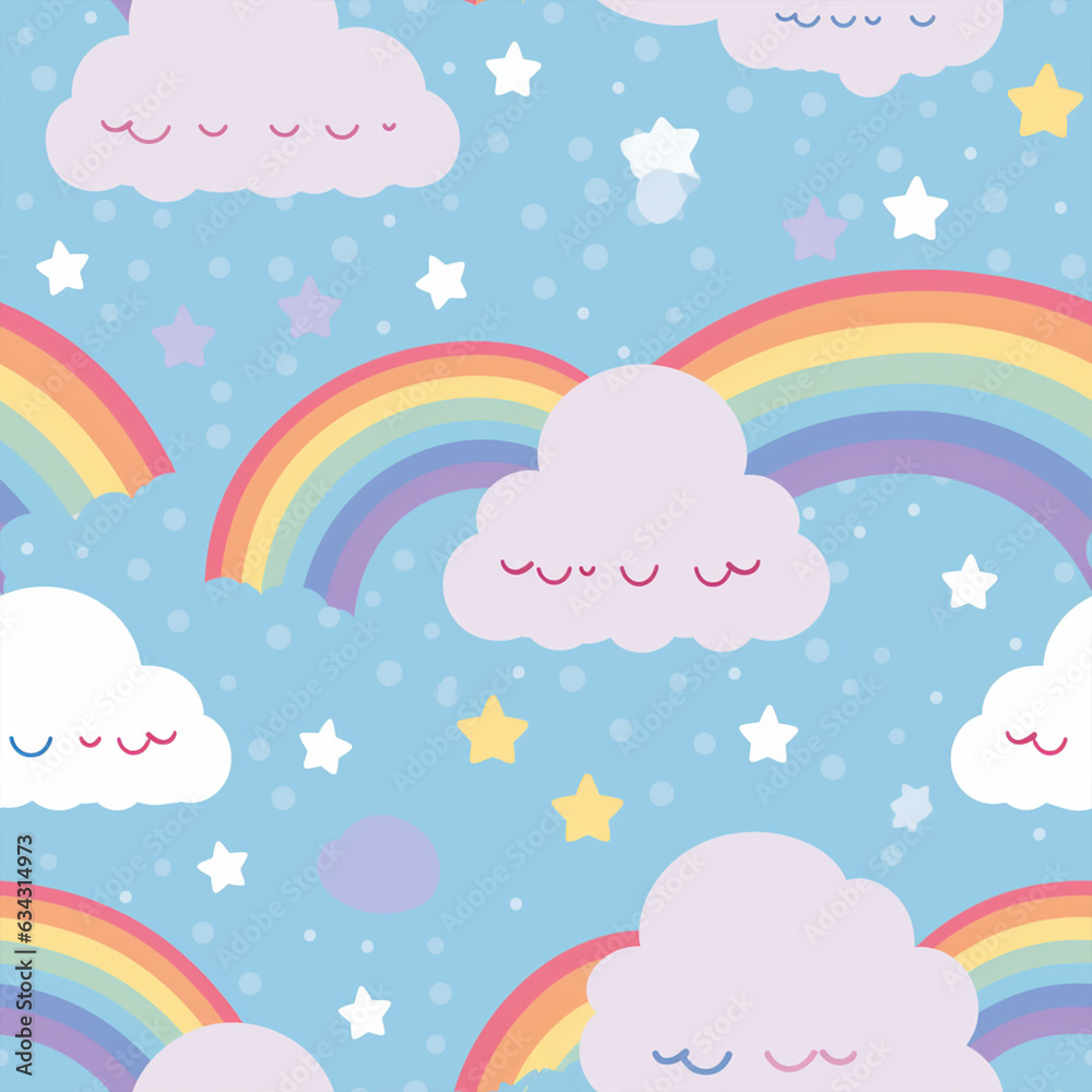 seamless pattern with cute rainbow and clouds