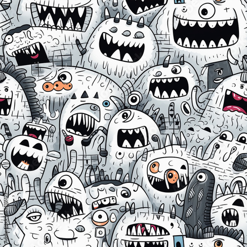seamless pattern with cute cartoon expressive monsters graffiti simple white and black lines