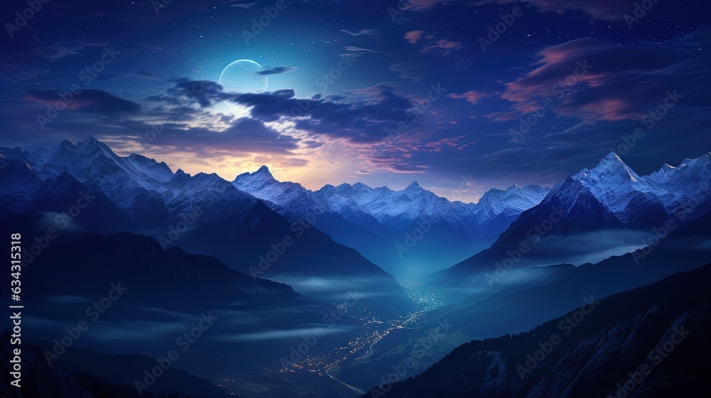  a night scene with mountains and a moon in the sky.  generative ai