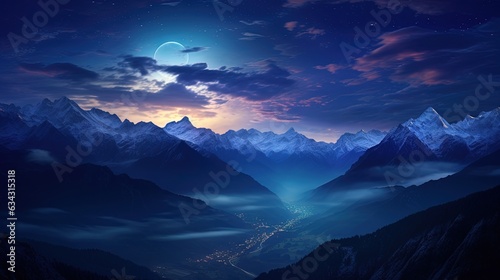  a night scene with mountains and a moon in the sky. generative ai