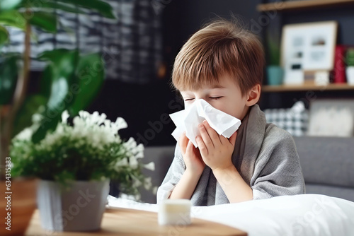 Foto A little kid indoors, using a tissue for his runny nose