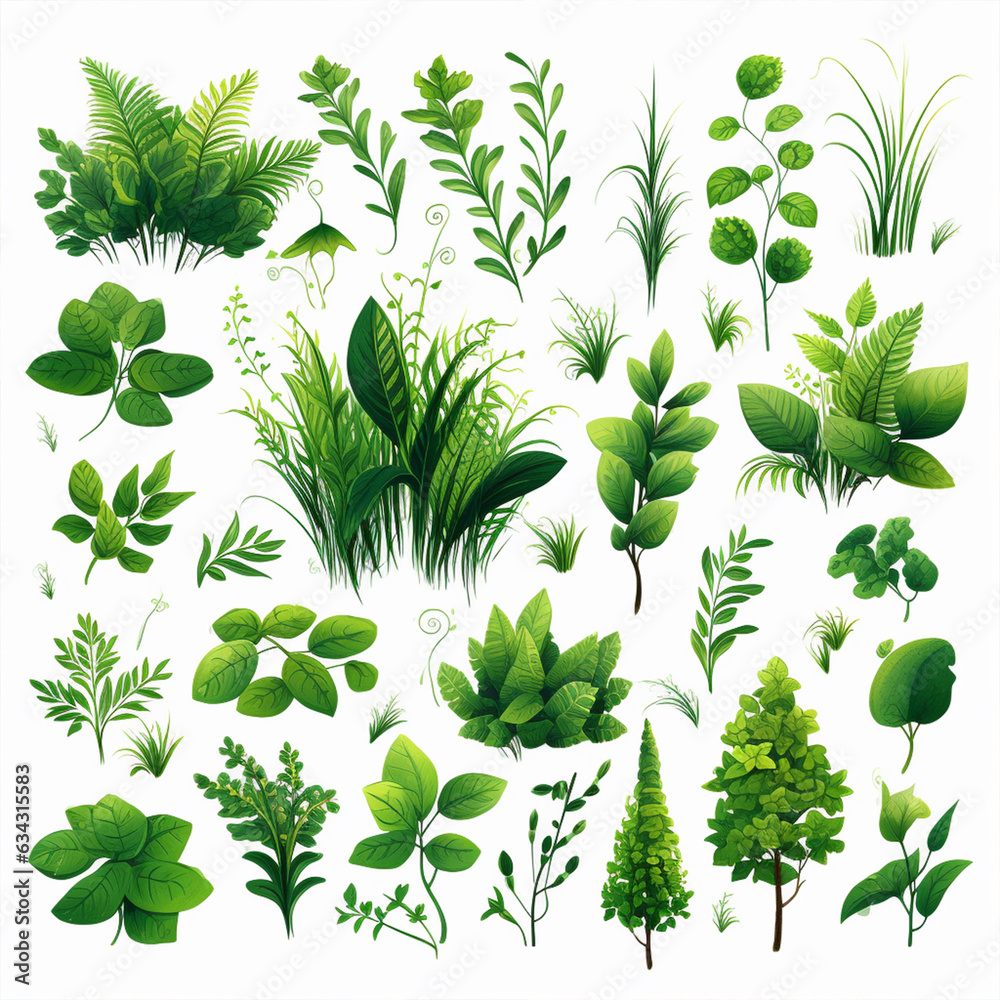 green leaf collection clipart with branches and stems