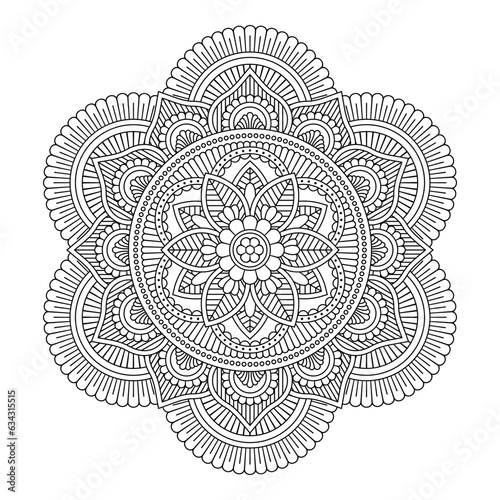 Isolated black mandala in vector. Round flower line unpainted pattern. Vintage monochrome element for coloring pages