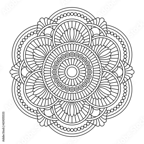 Isolated black mandala in vector. Round flower line pattern. Vintage monochrome element for coloring pages and design