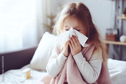 Tela Girl at home, dealing with a runny nose using a handkerchief