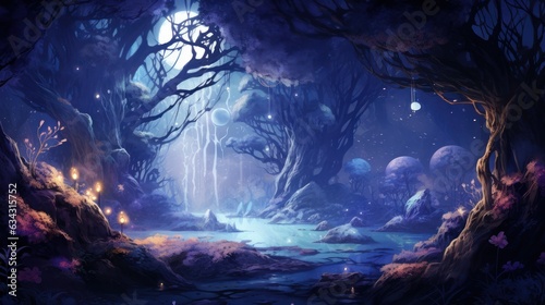 Lunar Enchantment: A moonlit forest where trees are adorned with enchanting crystals and lunar-inspired decorations | generative AI