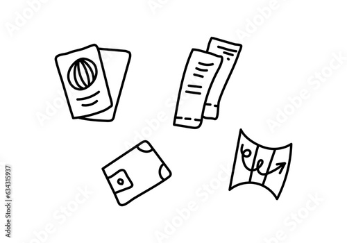 vector doodle illustration of travel documents icons - black outline on white. Foreign passports, plane or train tickets, card, wallet or purse