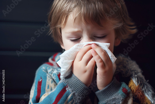Little boy n using a handkerchief, addressing a runny nose. Seasonal health issues, childhood flu