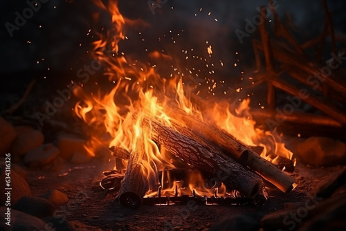 A beautiful bonfire burning powerfully in orange and red in nature in the background is a suitable concept for the outdoors.