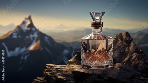  a bottle of whiskey sitting on top of a rock with mountains in the background.  generative ai © Anna