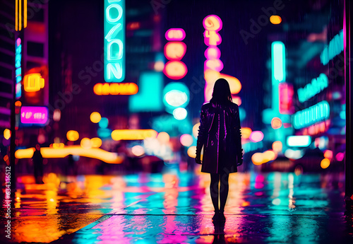 Woman walking down the street in Tokyo at night.Generative AI