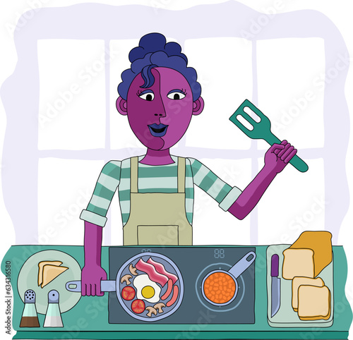 Food scene of a woman cooking or preparing a full English fried breakfast in a kitchen. In an abstract cubist flat modern cartoon style