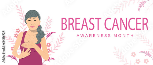 Old woman doing breast self-examination (BSE). Breast Cancer Awareness. Woman on the flowers background. Vector illustration