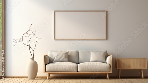 Modern style living room interior with wooden armchair, side table and blank wall on wooden floor,