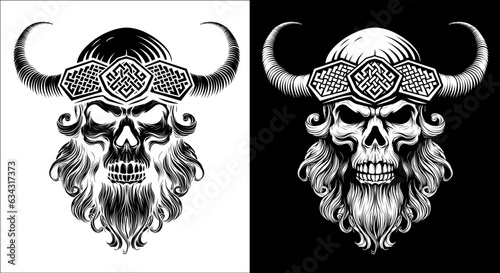 A Viking skull skeleton warrior or barbarian gladiator man mascot face looking strong wearing a helmet. In a retro vintage woodcut style.