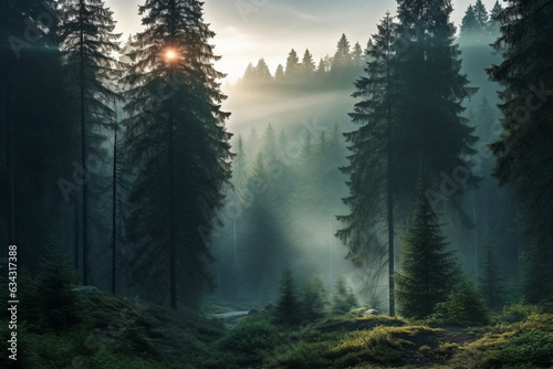 Misty fir forest spectacular landscape with fantastic weather phenomenon. © cwa