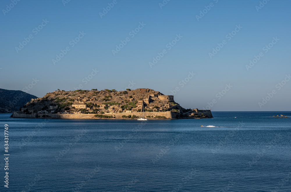 panoramic sea view against the backdrop of mountains and blue sky on a summer day in Crete