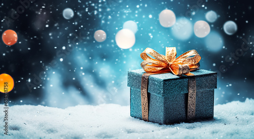 Luxury gift box present and christmas ornaments in snow falling.happy new year and celebration festival.banner ads. © Limitless Visions
