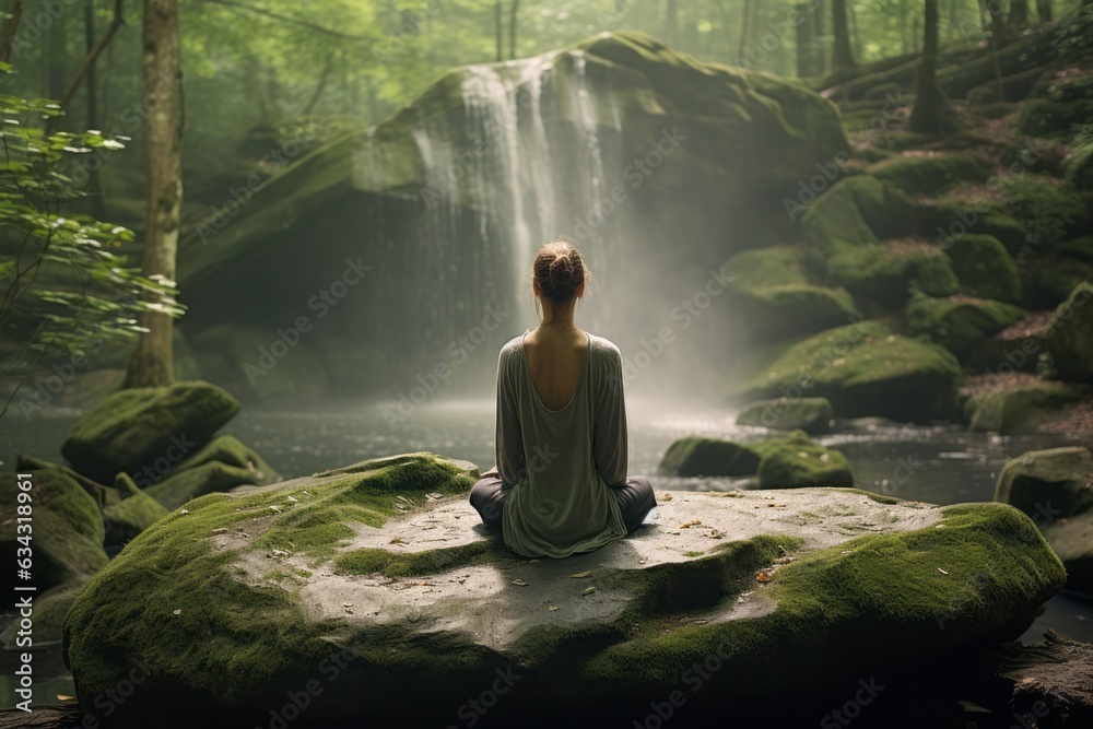 Woman is trying to meditate sitting on a rock in the forest