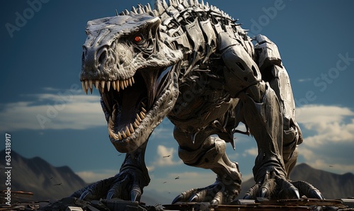 The massive tyrannosaur robot roams the futuristic landscape, commanding attention.