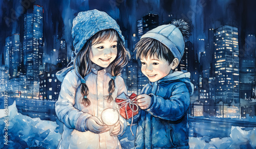 An painting of christmas day with kid,child and gift present in snow falling with night miracle dreamy.celebration festival and happy new year concepts. photo