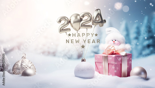 Luxury gift box present and christmas ornaments in snow falling.happy new year and celebration festival.banner ads. photo