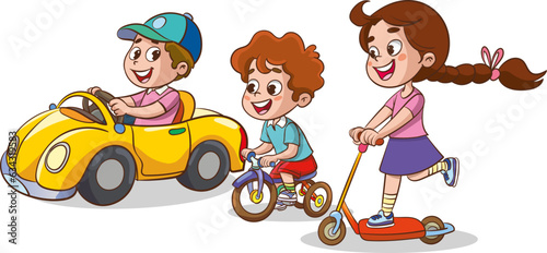 vector illustration of cute kids riding bike and scooter