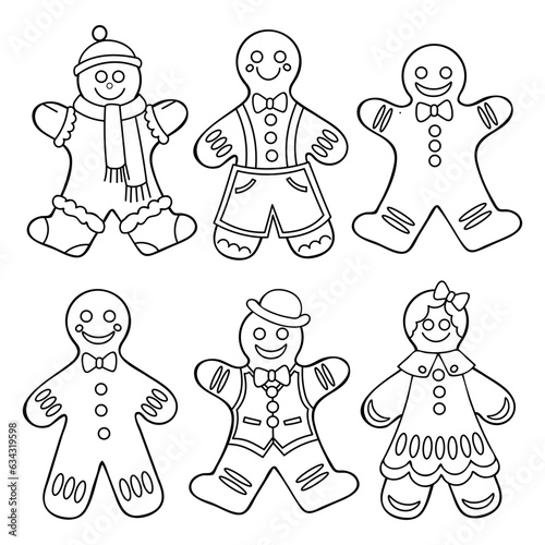 Coloring book gingerbread men. Christmas sweet. Happy New Year. Hand drawn line art illustration. Coloring page for kids and adults.
