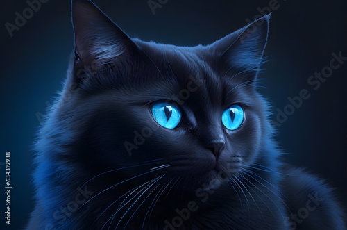 Dark cat with blue eyes on a dark background and blue light.