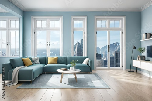 Light blue mock up wall with large window an radiator  Scandinavian style  3D render  3D illustration