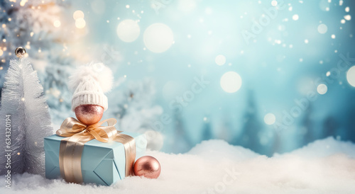 Luxury gift box present and christmas ornaments in snow falling.happy new year and celebration festival.banner ads. photo