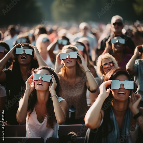 crowd of people watching eclipse through dark glasses