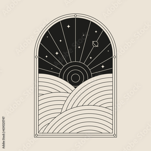 Boho frame arch vector illustration modern minimalistic retro aesthetic linear arc portal logo bohemian design element mystical geometric abstract border
