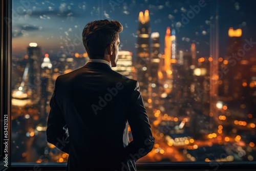 A businessman looking out a window at a cityscape - Vision and ambition - AI Generated