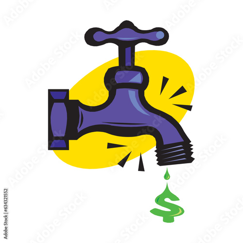 water like dollar sign flowing out tap. concept of leaky faucet with stopcock or money deficiency in world or drain crane. flat simple trend logo graphic design element isolated on white background