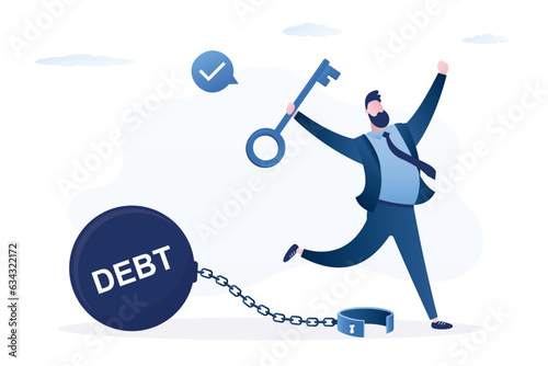 Happy man jump with big key. Male borrower opened shackles and got rid of debt and loans. Businessman or customer not chained to huge credit burden. Financial freedom, money management